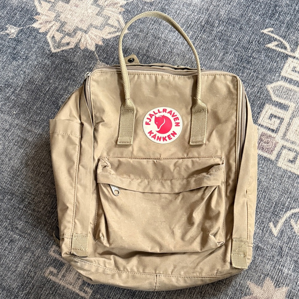 Fjallraven Kanken Mini Backpack in Khaki with Red Logo
